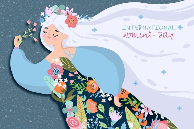 Figura de mulher representa Deusa das flores e do natural ilustra cartaz sobre o Dia Internacional da Mulher