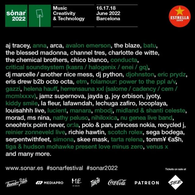 Pôster Sónar Barcelona 2022 com lineup de artistas